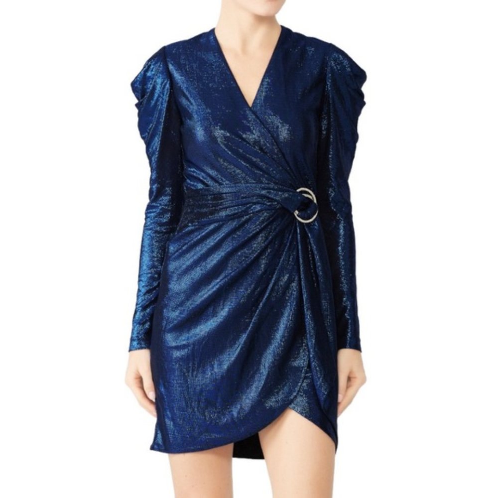 Jonathan Simkhai Metallic Blue Wrap Puff Sleeve Dress (M)